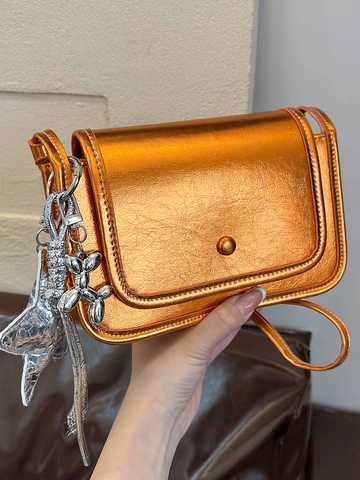 Metallische PU Leder Kleine Quadratische Tasche Retro Mode Damen Schultertasche Umhängetasche Mit Metallischer Textur Klappendesign