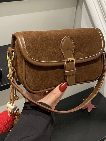 Sac Bandoulière Carré Vintage Cuir PU Texture Suède Femmes Surpiqûres Contrastées Boucle Métal Usage Quotidien Sac à Main