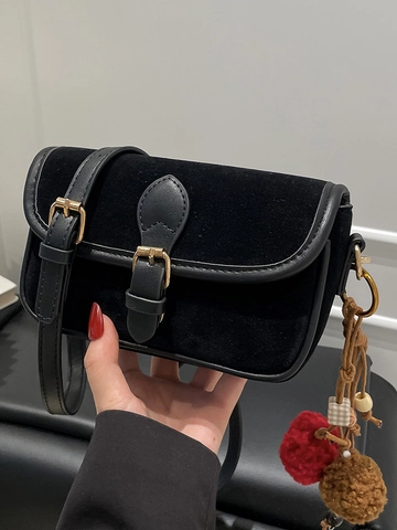 Sac Bandoulière Carré Vintage Cuir PU Texture Suède Femmes Surpiqûres Contrastées Boucle Métal Usage Quotidien Sac à Main