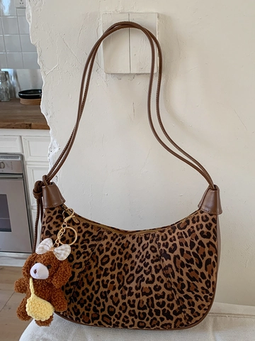 Damen Retro Wildleder Leopardenmuster Hobo Tasche Minimalistisch Halbmond Achseltasche Schultertasche Mit Plüschbär Anhänger