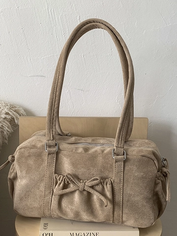 Damen Wildleder-Optik Schleife Plissiert Schultertasche Vintage Boston Handtasche Koreanischer Stil Große Kapazität Stylische Tote