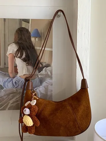 Damen Retro Wildleder Leopardenmuster Hobo Tasche Minimalistisch Halbmond Achseltasche Schultertasche Mit Plüschbär Anhänger