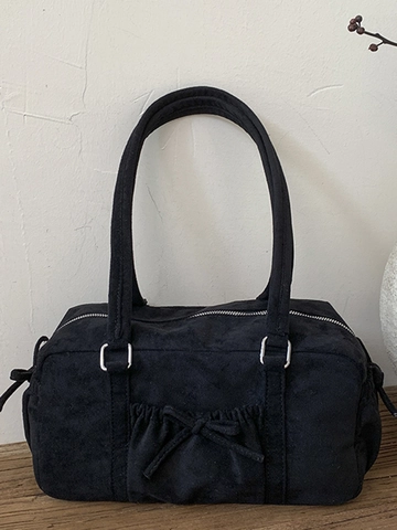 Damen Wildleder-Optik Schleife Plissiert Schultertasche Vintage Boston Handtasche Koreanischer Stil Große Kapazität Stylische Tote