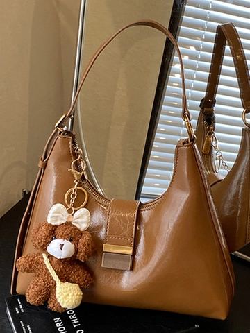 Vintage PU Leather Underarm Shoulder Bag For Women Retro Minimalist Hobo Bag With Cute Bear Pendant Square Handbag