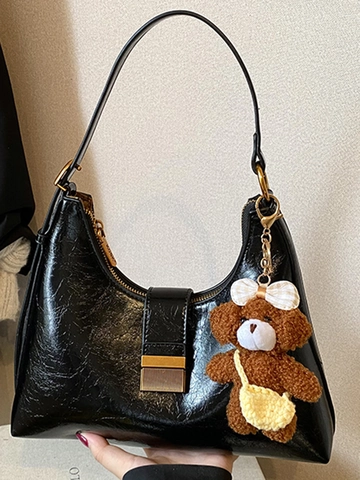 Vintage PU Leather Underarm Shoulder Bag For Women Retro Minimalist Hobo Bag With Cute Bear Pendant Square Handbag