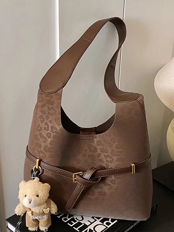 Bolso de Hombro con Estampado de Leopardo de Gamuza Sintética para Mujer Bolso Tote Vintage Hobo con Colgante de Oso de Peluche