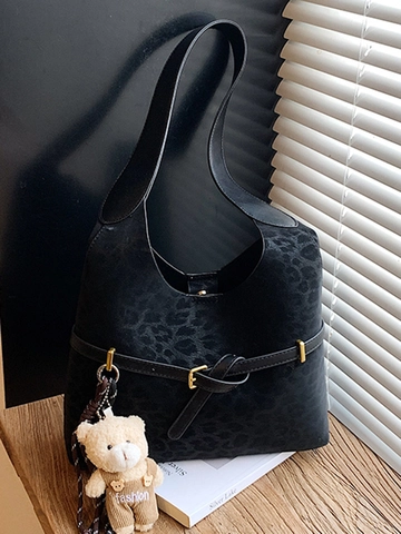 Bolso de Hombro con Estampado de Leopardo de Gamuza Sintética para Mujer Bolso Tote Vintage Hobo con Colgante de Oso de Peluche