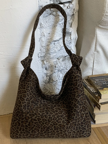 Leopard Print Suede Shoulder Bag Large Capacity Tote Hobo Bag With Knot Strap Design Casual Fashion Women Handbag