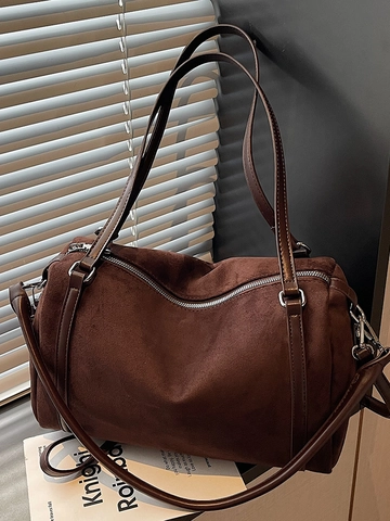 Borsa a Tracolla Boston in Pelle Scamosciata Sintetica Retro da Donna Borsa a Mano a Tracolla di Grande Capacità Borsa a Cuscino