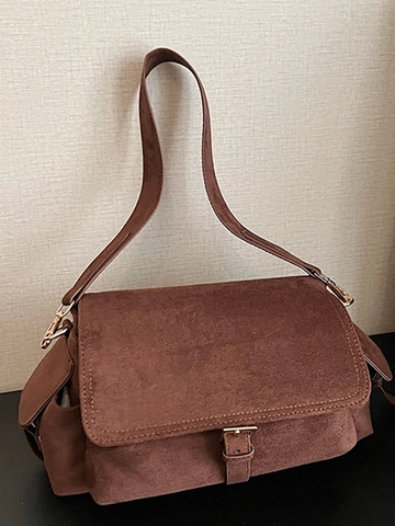 Vintage Suede Messenger Bag Minimalist Solid Color Shoulder Bag For Autumn Commute Ladies Crossbody Purse Urban Chic