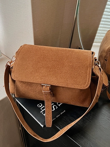 Vintage Suede Messenger Bag Minimalist Solid Color Shoulder Bag For Autumn Commute Ladies Crossbody Purse Urban Chic