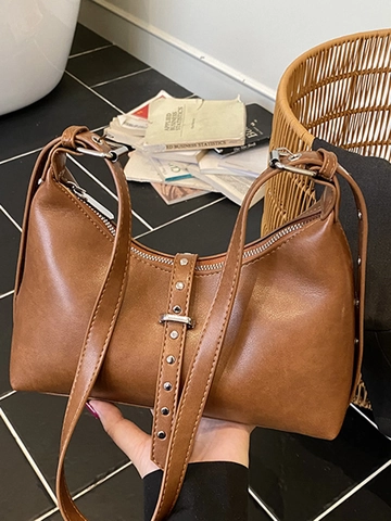Bolso de Hombro Retro de Cuero PU para Mujer Color Sólido Hobo Bolso de Axila Con Decoración de Remaches Gran Capacidad