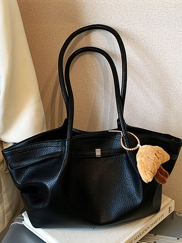 Französische Vintage PU Leder Litschi Muster Tote Tasche Für Damen Große Kapazität Umhängetasche Mit Croissant Plüsch Anhänger Urban Tasche