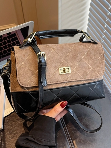 Bolso de Hombro PU de Color de Contraste Retro para Mujer Acolchado de Rombos Bolso Cuadrado Pequeño Cierre de Metal Bolso de Moda