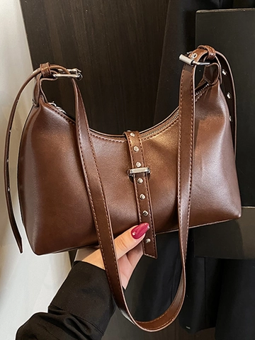 Bolso de Hombro Retro de Cuero PU para Mujer Color Sólido Hobo Bolso de Axila Con Decoración de Remaches Gran Capacidad