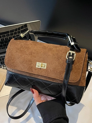 Bolso de Hombro PU de Color de Contraste Retro para Mujer Acolchado de Rombos Bolso Cuadrado Pequeño Cierre de Metal Bolso de Moda