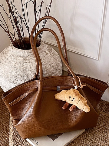 Französische Vintage PU Leder Litschi Muster Tote Tasche Für Damen Große Kapazität Umhängetasche Mit Croissant Plüsch Anhänger Urban Tasche
