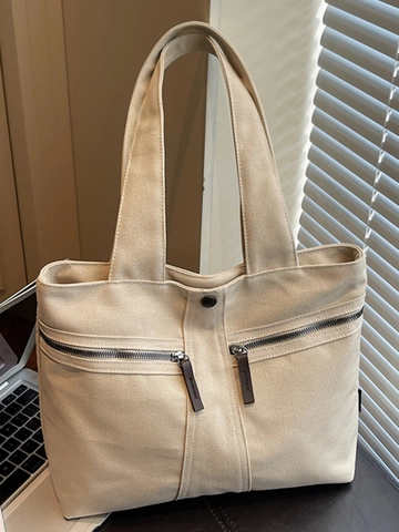 Damen Canvas Tote Bag Große Kapazität Minimalistische Urbane Umhängetasche Mode Reißverschlusstaschen Lässige Handtasche Pendler Achseltasche