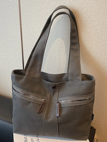 Damen Canvas Tote Bag Große Kapazität Minimalistische Urbane Umhängetasche Mode Reißverschlusstaschen Lässige Handtasche Pendler Achseltasche