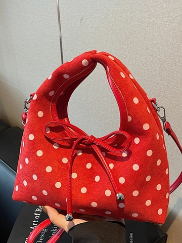 Women's Fashion Suede Polka Dot Dumpling Bag Retro Chic Bow Shoulder Crossbody Bag Versatile Small Handbag For Everyday