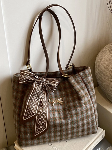 Borsa Tote da Donna Retro a Quadri Grande Capacità in PU con Fiocco e Sciarpa Borsa a Tracolla alla Moda per Pendolari