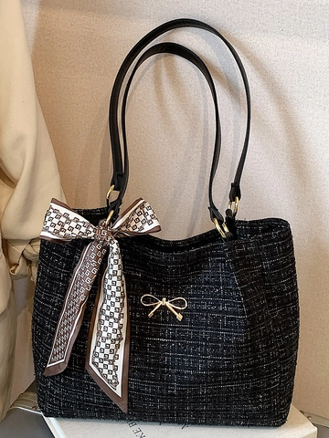 Borsa Tote da Donna Retro a Quadri Grande Capacità in PU con Fiocco e Sciarpa Borsa a Tracolla alla Moda per Pendolari