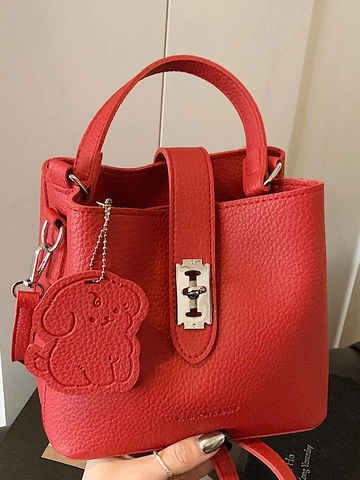 Sac Seau en PU Motif Litchi Style Coréen Avec Pendentif Chiot Serrure en Métal Porté Main Épaule Bandoulière Femme Minimaliste