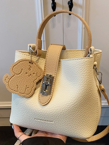 Sac Seau en PU Motif Litchi Style Coréen Avec Pendentif Chiot Serrure en Métal Porté Main Épaule Bandoulière Femme Minimaliste