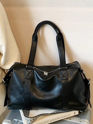 Bolso de Hombro de Cuero PU de Gran Capacidad para Mujer Bolso Tote Boston Casual Con Correa Tejida Geométrica