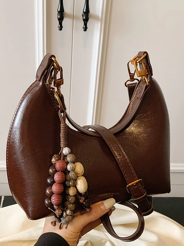 Damen Vintage Hobo Schultertasche Große Kapazität PU Leder Halbmond Umhängetasche Minimalistische Pendler Unterarmtasche Mit Perlenanhänger