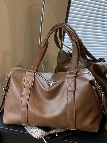 Bolso de Hombro de Cuero PU de Gran Capacidad para Mujer Bolso Tote Boston Casual Con Correa Tejida Geométrica