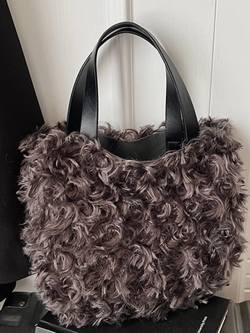 Plüsch Eimer Tote Bag Für Damen Winter Weiche Lammwolle Handtasche Kontrast Kunstleder Griff Minimalistische Umhängetasche