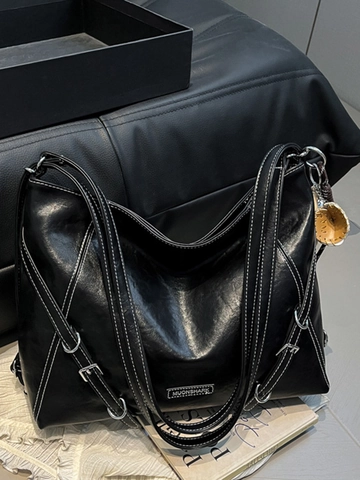 Women's Large Capacity Vintage PU Leather Tote Bag Casual Shoulder Backpack Urban Simple Contrast Stitching Hobo Bag With Baseball Charm