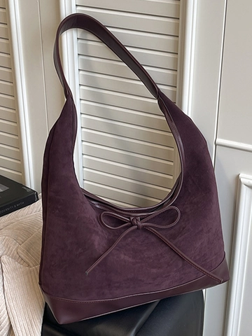 Damen Große Kapazität Polyester Tote Bag Vintage Patchwork Wildleder Look Hobo Schultertasche Mit Schleife Detail Casual Tasche