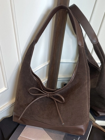 Damen Große Kapazität Polyester Tote Bag Vintage Patchwork Wildleder Look Hobo Schultertasche Mit Schleife Detail Casual Tasche
