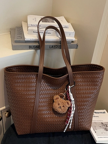 Damen Große Kapazität Gewebte Tote Bag Retro Kunstleder Umhängetasche Mit Bärenanhänger Herbst Winter Handtasche