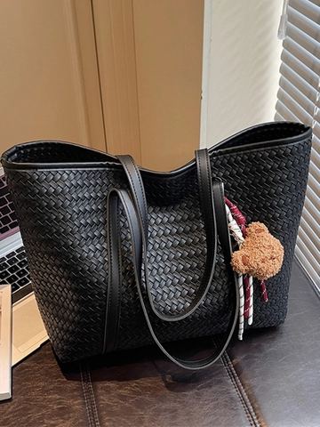 Damen Große Kapazität Gewebte Tote Bag Retro Kunstleder Umhängetasche Mit Bärenanhänger Herbst Winter Handtasche