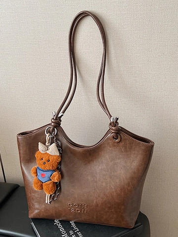 Borsa Tote in Pelle PU Minimalista a Grande Capacità per Donna Retro Borsa a Spalla Autunnale Con Pendente a Orsetto per Ufficio