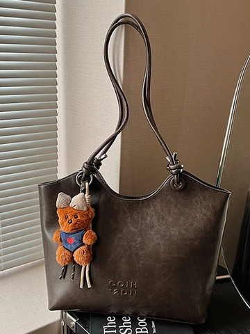 Borsa Tote in Pelle PU Minimalista a Grande Capacità per Donna Retro Borsa a Spalla Autunnale Con Pendente a Orsetto per Ufficio