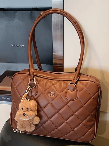 Damen Gesteppt Tote Bag Große Kapazität Trendige PU Leder Rautenmuster Schultertasche Mit Plüschbär Anhänger Urban Schlicht Pendeltasche