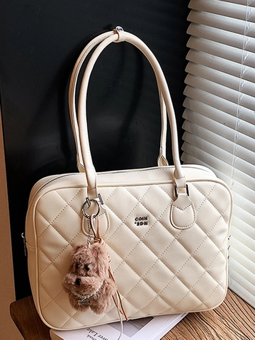 Damen Gesteppt Tote Bag Große Kapazität Trendige PU Leder Rautenmuster Schultertasche Mit Plüschbär Anhänger Urban Schlicht Pendeltasche