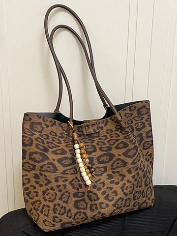 Mode Imprimé Léopard Grande Capacité Sac Fourre-tout Femmes Ensemble Deux Pièces Avec Pendentif Perlé Sac à Épaule