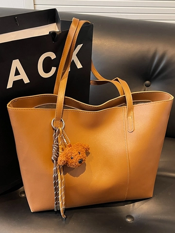 Women Large Capacity PU Leather Tote Bag Solid Color Minimalist Daily Commute Shoulder Bag With Plush Bear Pendant Charm