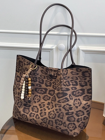 Mode Imprimé Léopard Grande Capacité Sac Fourre-tout Femmes Ensemble Deux Pièces Avec Pendentif Perlé Sac à Épaule