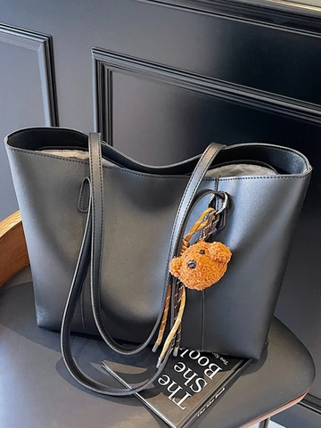 Women Large Capacity PU Leather Tote Bag Solid Color Minimalist Daily Commute Shoulder Bag With Plush Bear Pendant Charm