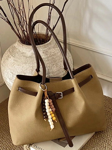 Vintage Große Kapazität PU Leder Tote Bag Für Damen Minimalistische Schulter Unterarmtasche Mit Böhmischen Perlen Anhänger Nähte Arbeit