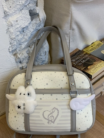 Sac à Bandoulière en PU Style Japonais JK Kawaii avec Motif d'Étoiles pour Femmes Sac à Dos Tote Doux avec Ailes et Note de Cœur
