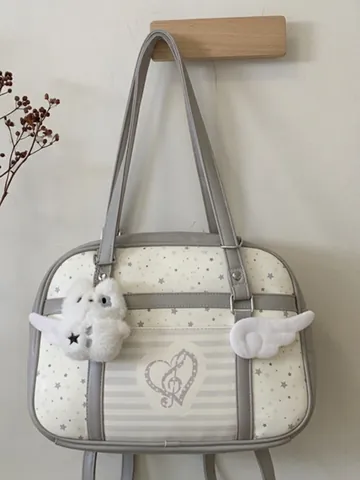 Sac à Bandoulière en PU Style Japonais JK Kawaii avec Motif d'Étoiles pour Femmes Sac à Dos Tote Doux avec Ailes et Note de Cœur