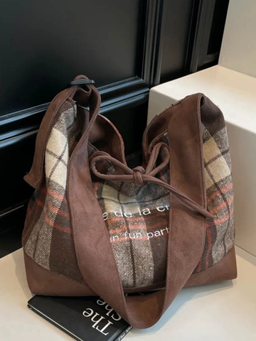 Retro Ruitjespatroon Grote Capaciteit Draagtas Voor Dames Mode Koreaanse Stijl Canvas Schouder Onderarmtas Met Strik Decor