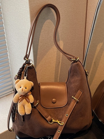 Women Large Suede Tote Bag Vintage Leopard Print Patchwork Shoulder Bag With Plush Bear Charm Travel Daily Handbag